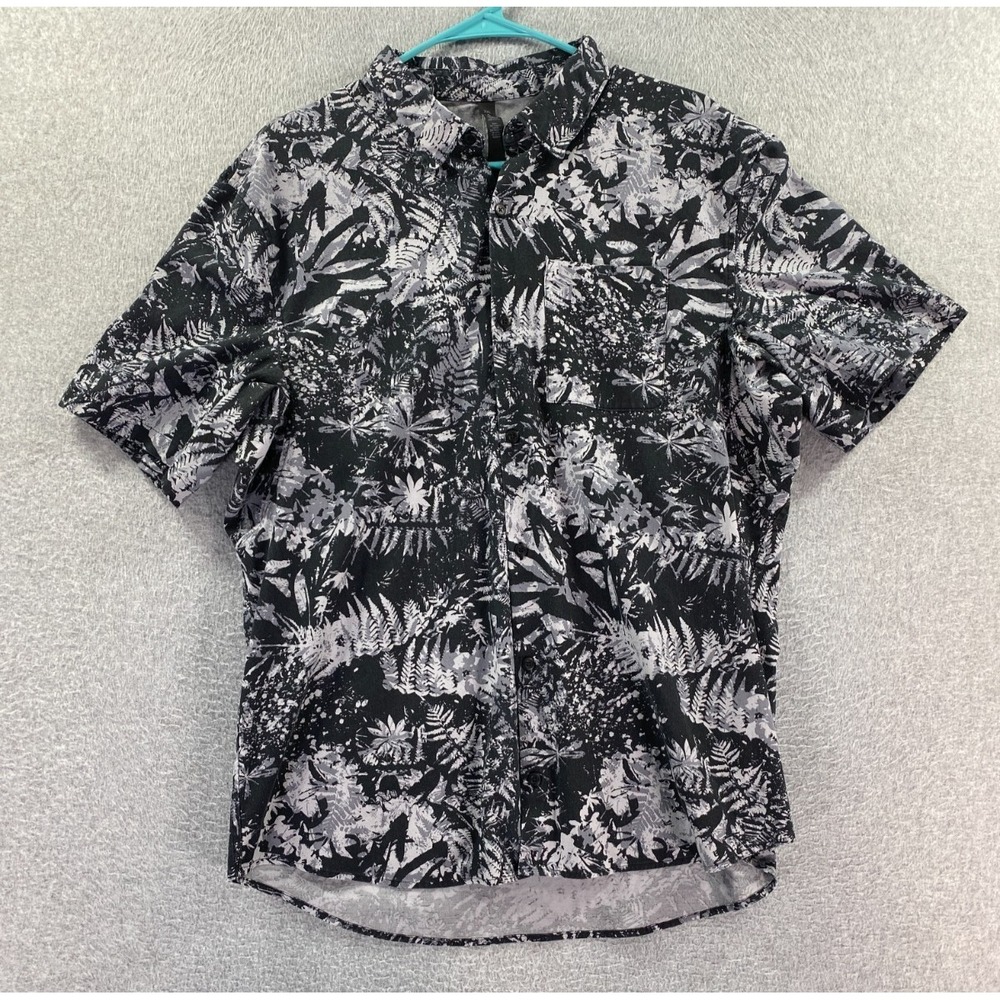 Lululemon Alltown Hawaiian Shirt Mens Large Black‎ White Floral Leaf Button